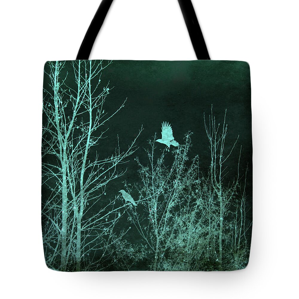 Crow Tote Bag featuring the mixed media Midnight Flight Silhouette Teal by Lesa Fine