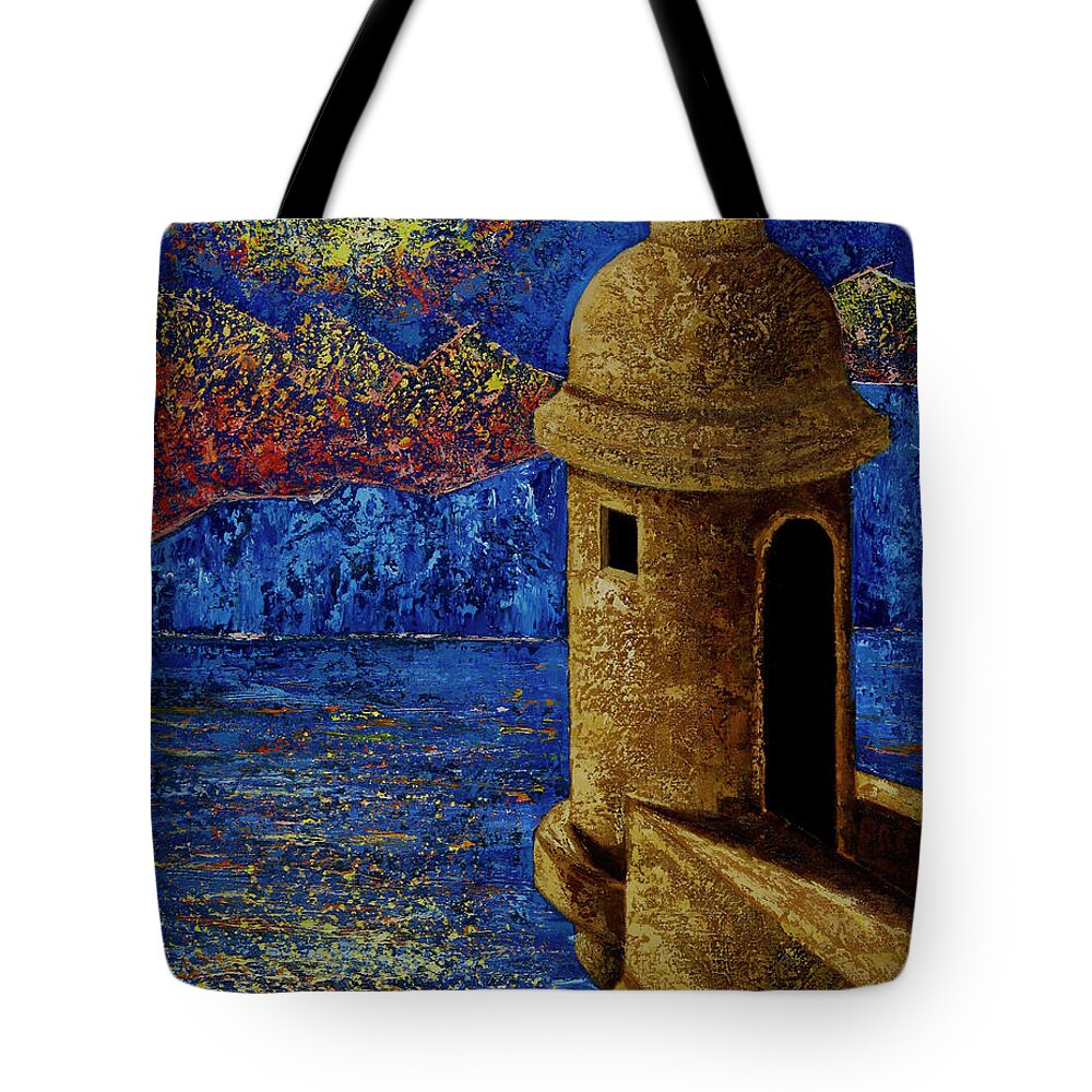 El Morro Tote Bag featuring the painting Midnight Mirage in San Juan by Oscar Ortiz
