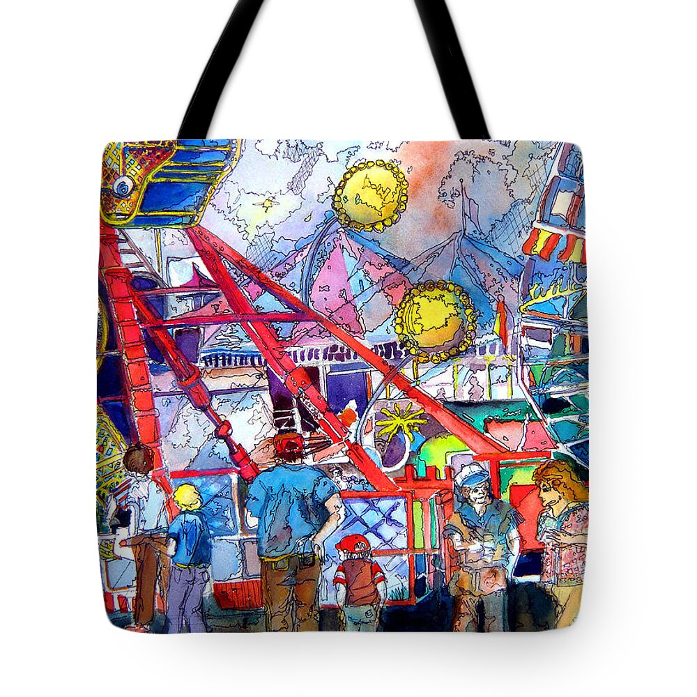 Midway Tote Bag featuring the painting Midway Amusement Rides by Mindy Newman