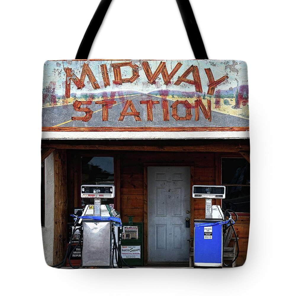 Abandoned Gas Station Vernon Arizona Tote Bag featuring the photograph Midway Station by Debra Sabeck