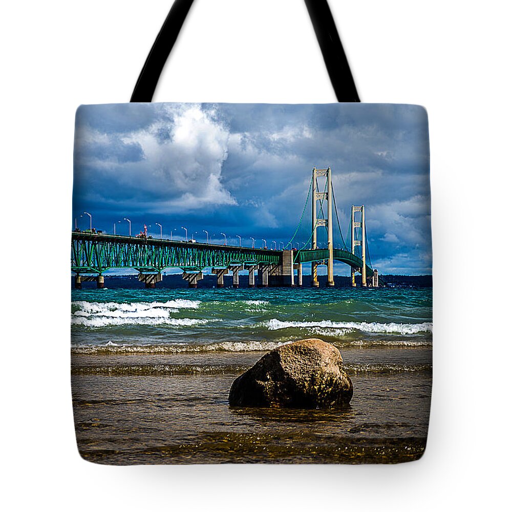 Mackinaw Bridge Tote Bag featuring the photograph Mighty Mac by Rick Bartrand