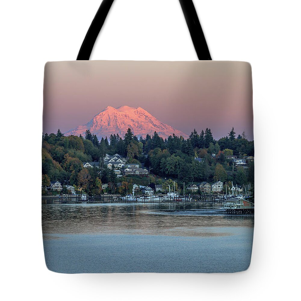 Sunset Tote Bag featuring the photograph Mighty Mt. Rainier by Mark Joseph