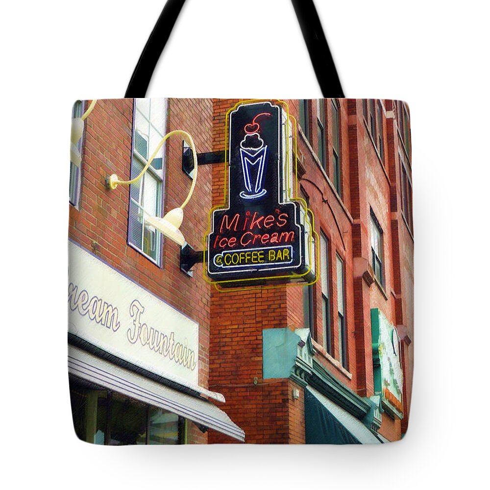 Mike's Tote Bag featuring the painting Mike's Ice Cream and Coffee Bar by Sandy MacGowan