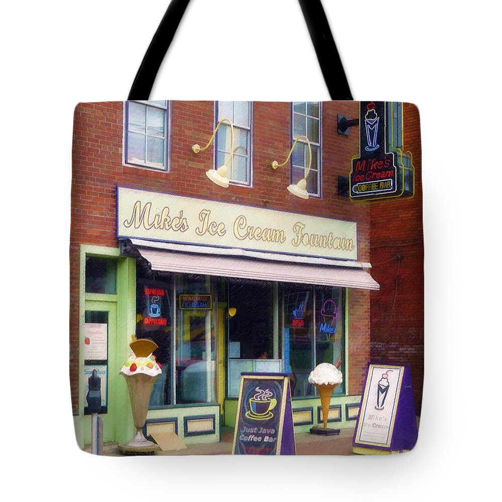 Mike's Tote Bag featuring the painting Mike's Ice Cream Fountain by Sandy MacGowan