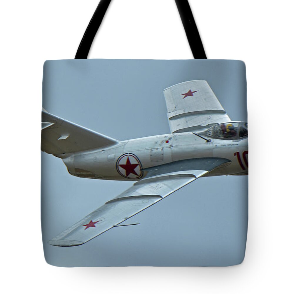 Airplane Tote Bag featuring the photograph Mikoyan-Gurevich MiG-15 NX87CN Chino California April 30 2016 by Brian Lockett