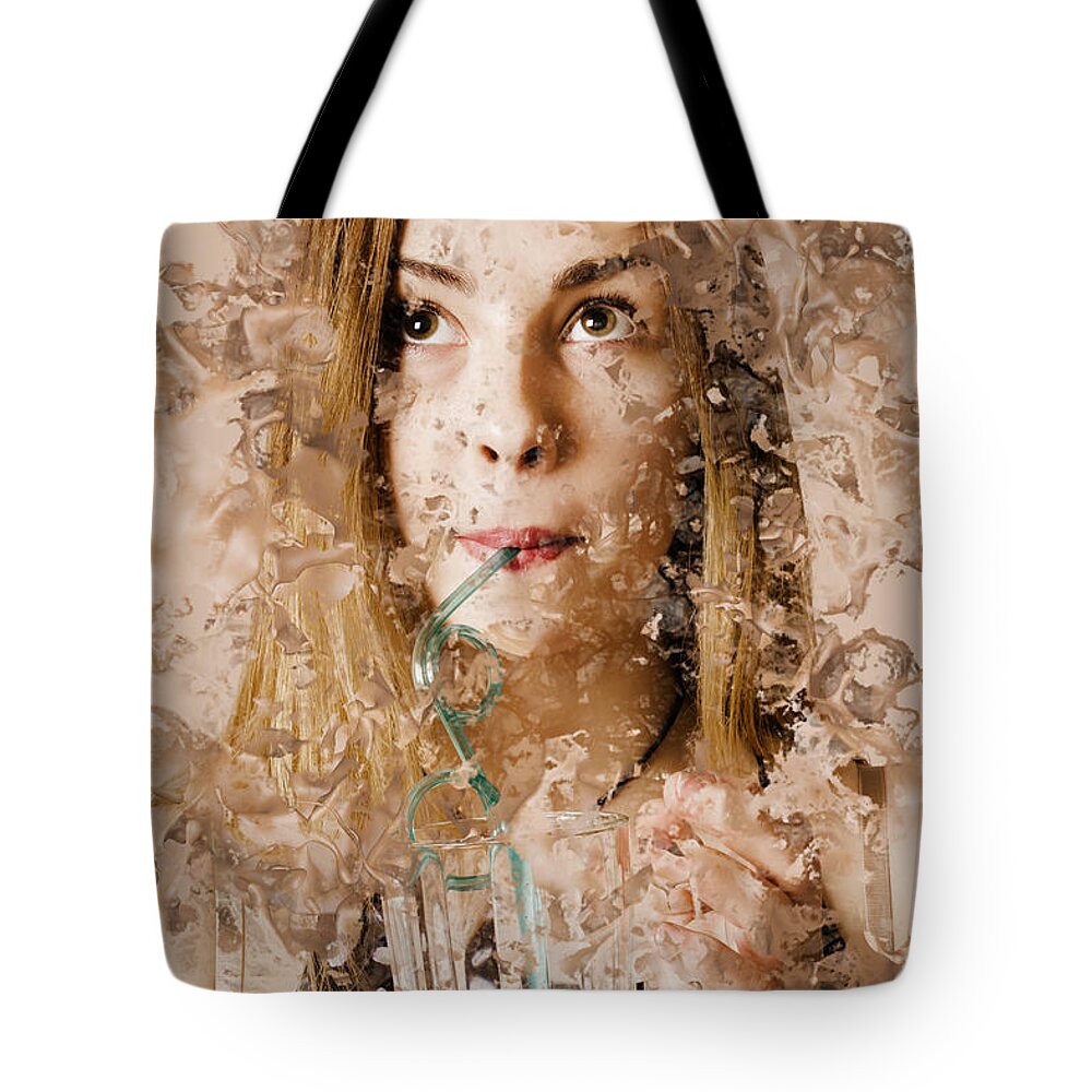 Restaurant Tote Bag featuring the photograph Milk shake pin-up woman. Restaurant art by Jorgo Photography