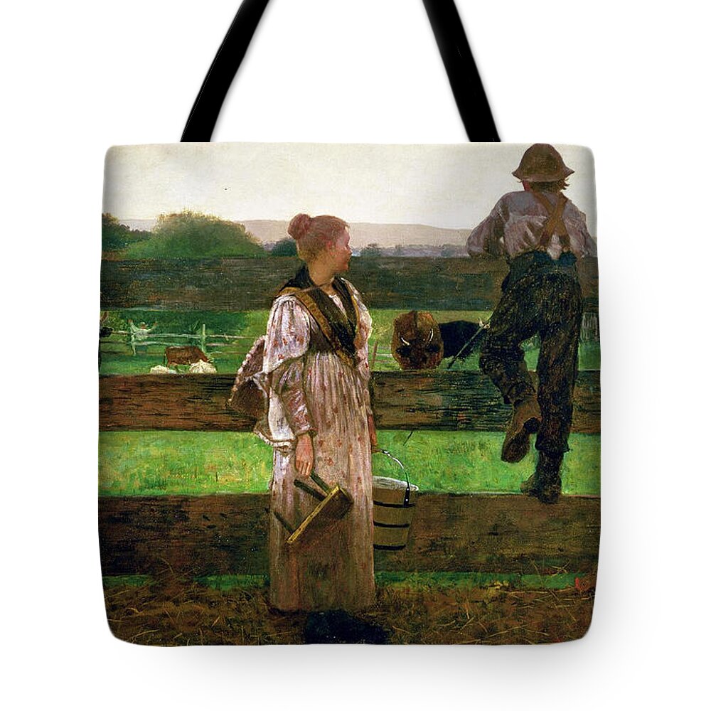 Winslow Homer Tote Bag featuring the painting Milking Time by Winslow Homer