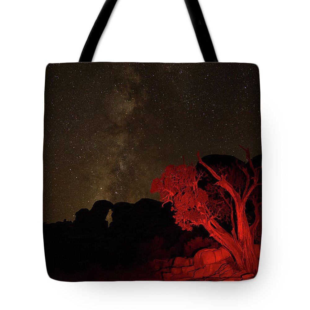 Canyonlands National Park Tote Bag featuring the photograph Milky way and juniper by Kunal Mehra