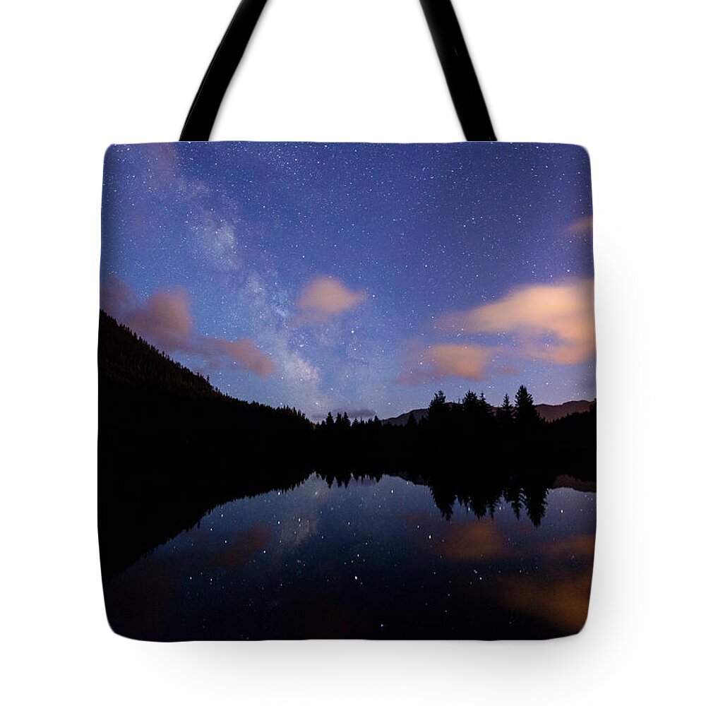 Pond Tote Bag featuring the digital art Milky Way at Snoqualmie Pass by Michael Lee