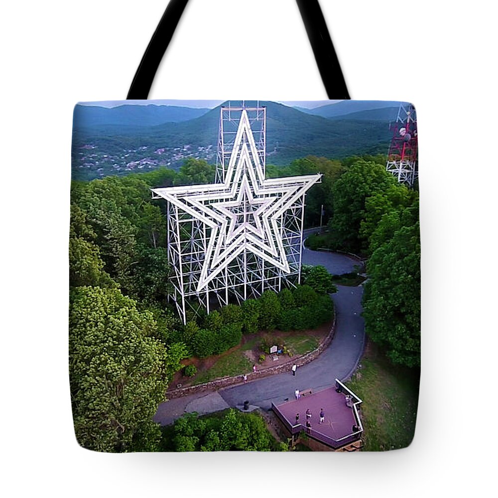 Mill Mountain Tote Bag featuring the photograph Mill Mtn Star by Star City SkyCams