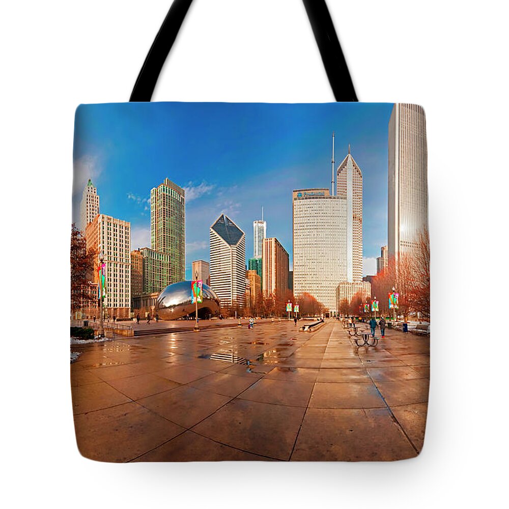 Millennium Tote Bag featuring the photograph Millennium Park Skyline and the Bean by Tom Jelen