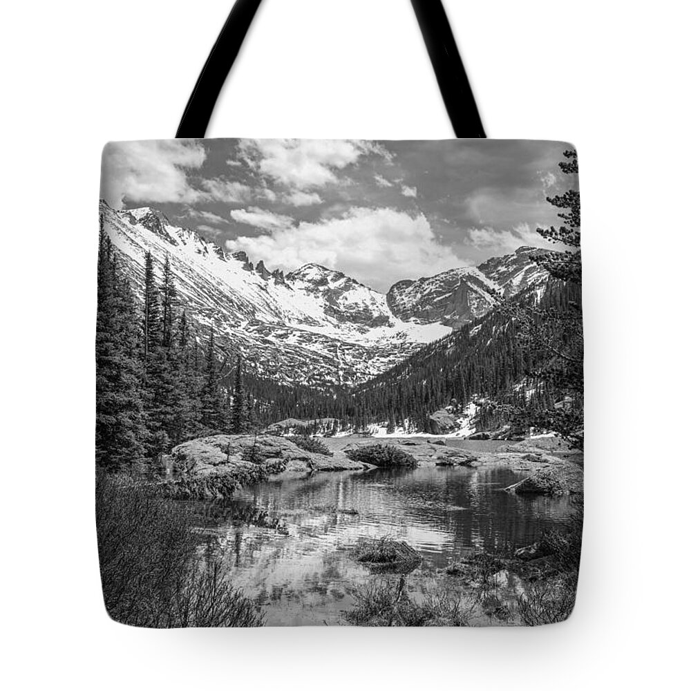 Millls Tote Bag featuring the photograph Mills Lake Black and White by Aaron Spong