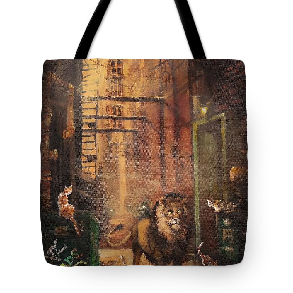 Milwaukee Lion Tote Bag featuring the painting Milwaukee Lion by Tom Shropshire