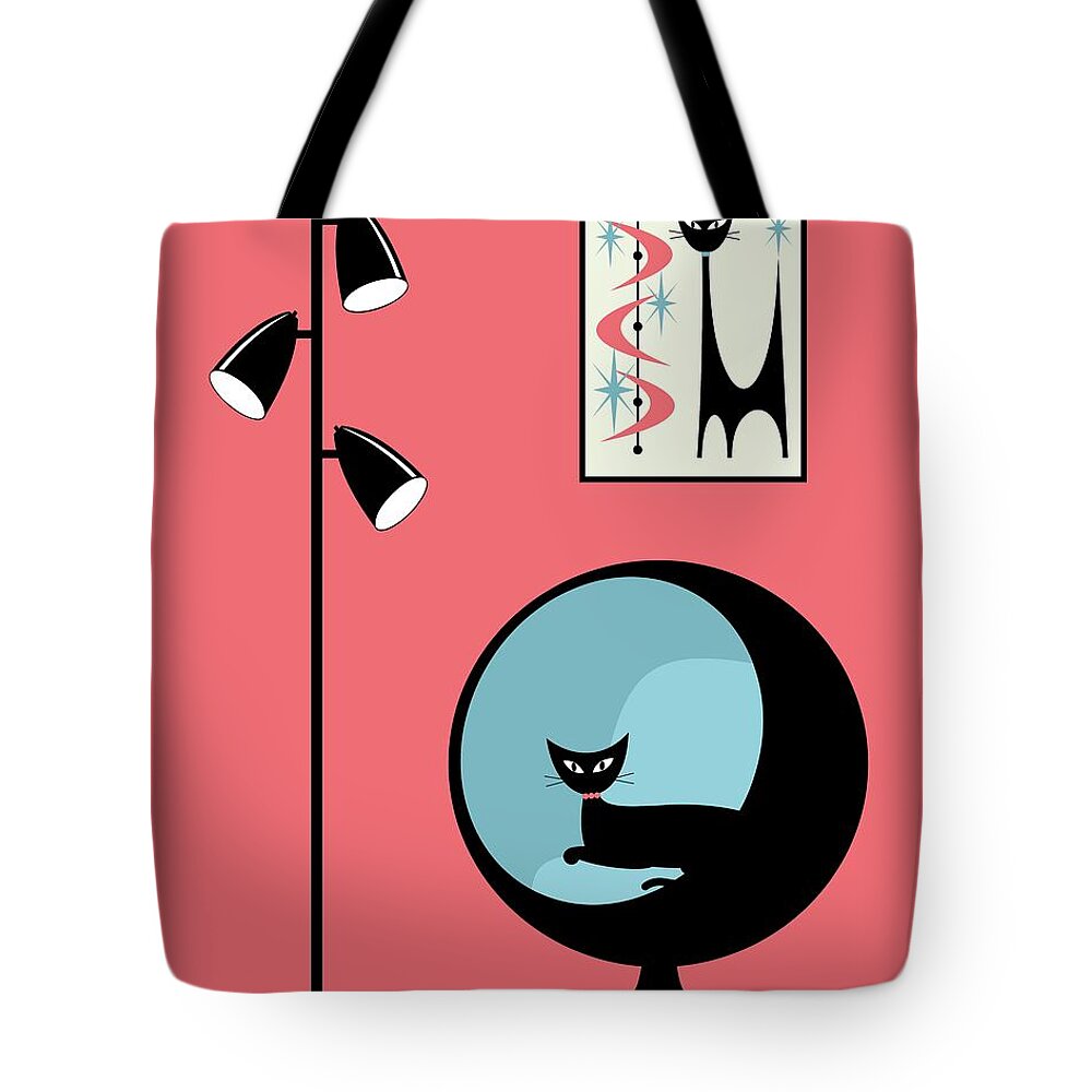 Mid Century Modern Tote Bag featuring the digital art Mini Atomic Cat on Pink by Donna Mibus
