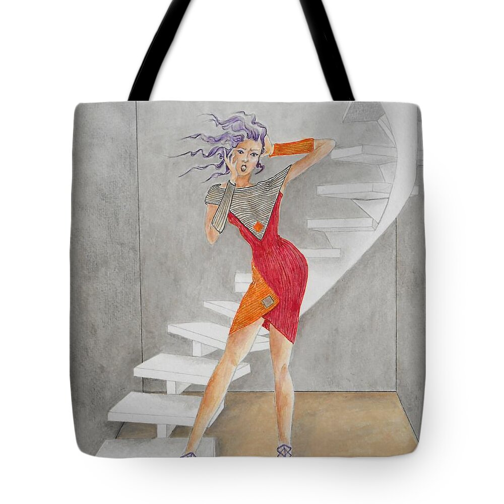 Spiral Staircase Tote Bag featuring the painting Minimalist Madness -- Whimsical Fashion Drawing by Jayne Somogy