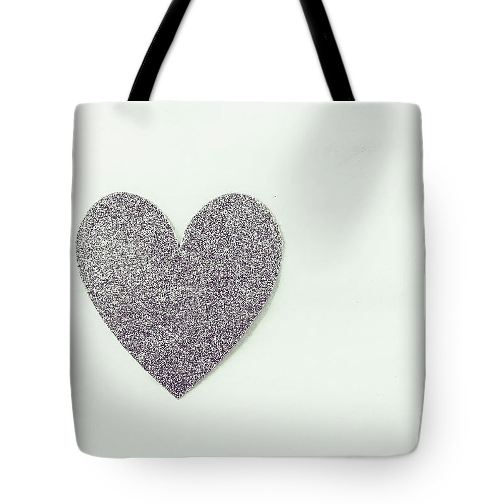 Valentine Tote Bag featuring the photograph Minimalistic Silver Glitter Heart by Andrea Anderegg