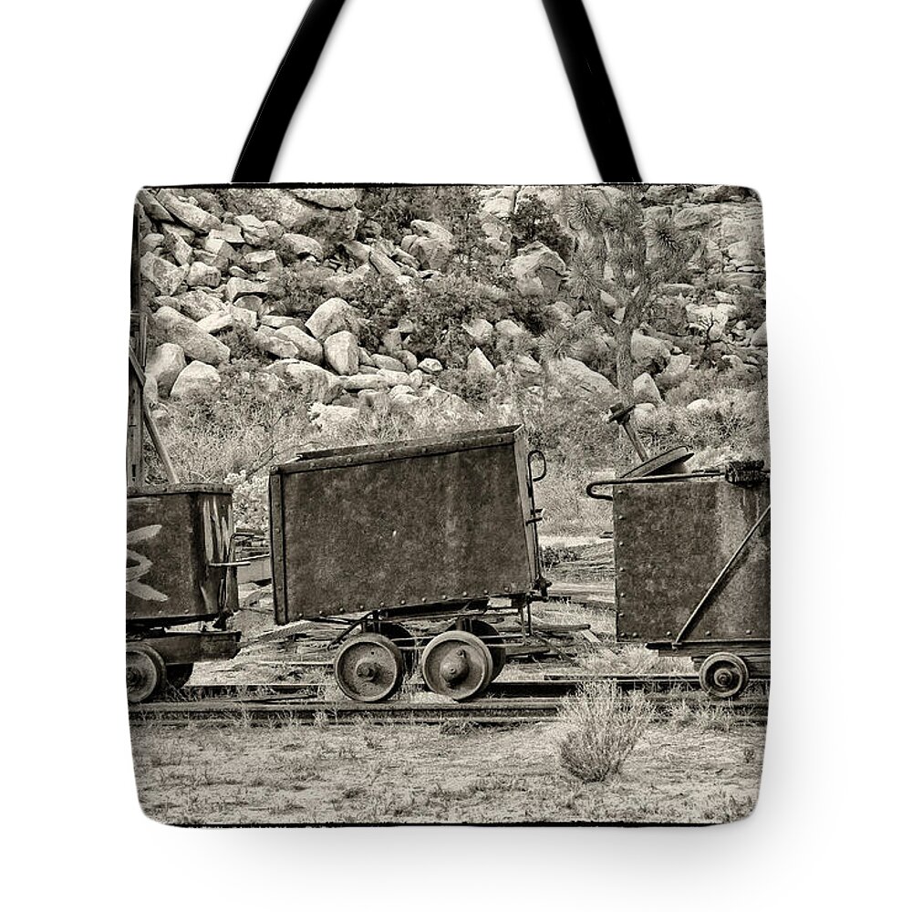Joshua Tree National Park_key's Desert Queen Ranch Tote Bag featuring the digital art Mining Cars by Sandra Selle Rodriguez