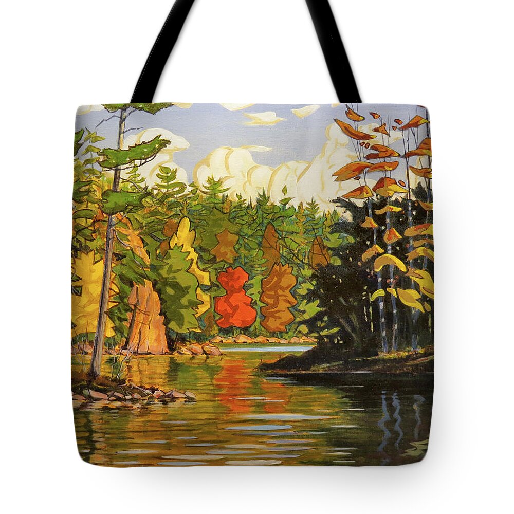 Canada Tote Bag featuring the painting Mink Lake Narrows by David Gilmore