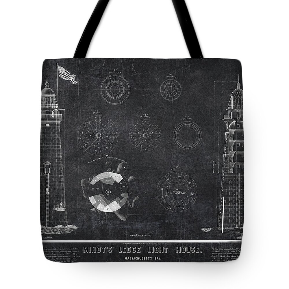 Light Tote Bag featuring the drawing Minot's Ledge Light House. Massachusetts Bay near Cohasset by Edward Fielding