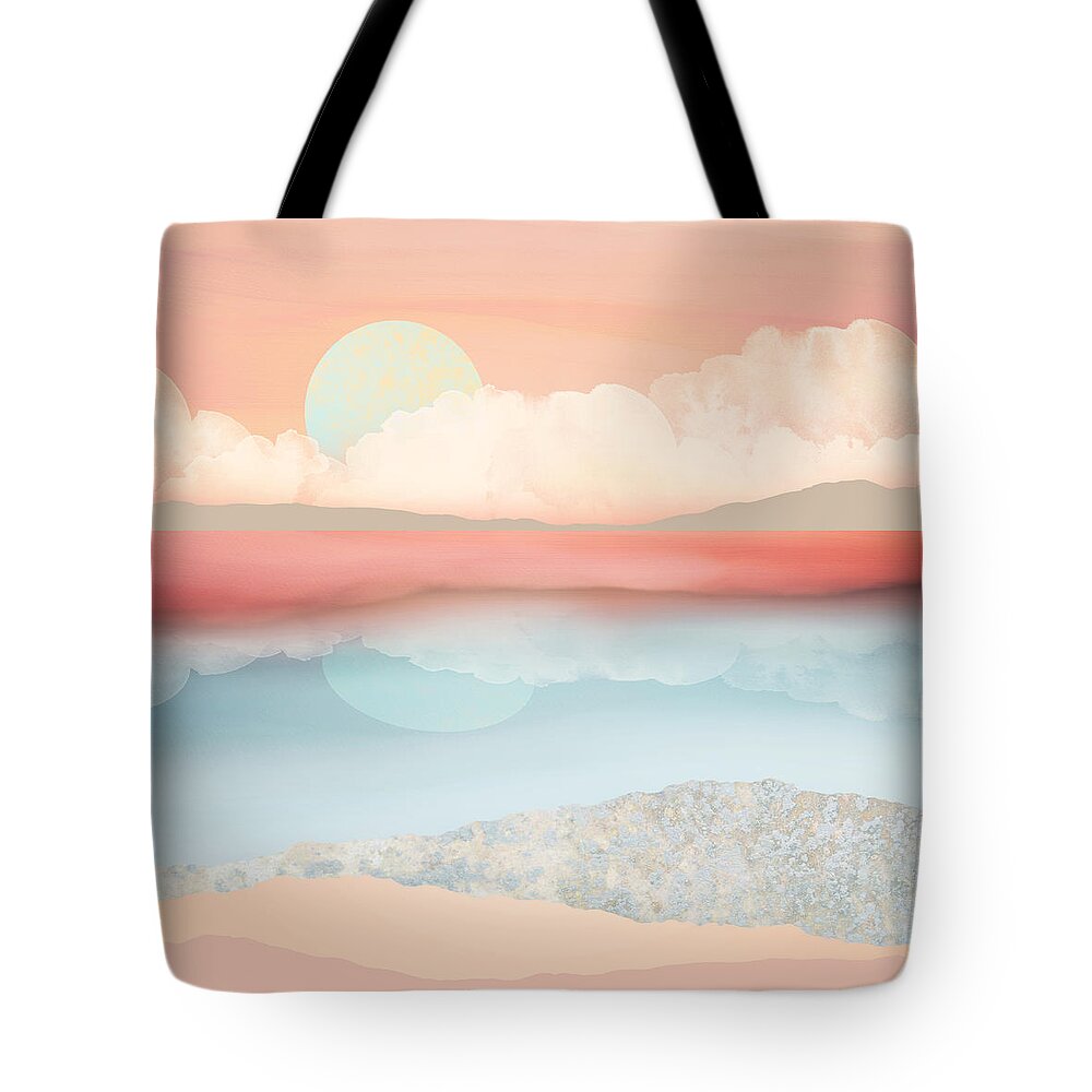 Mint Tote Bag featuring the digital art Mint Moon Beach by Spacefrog Designs