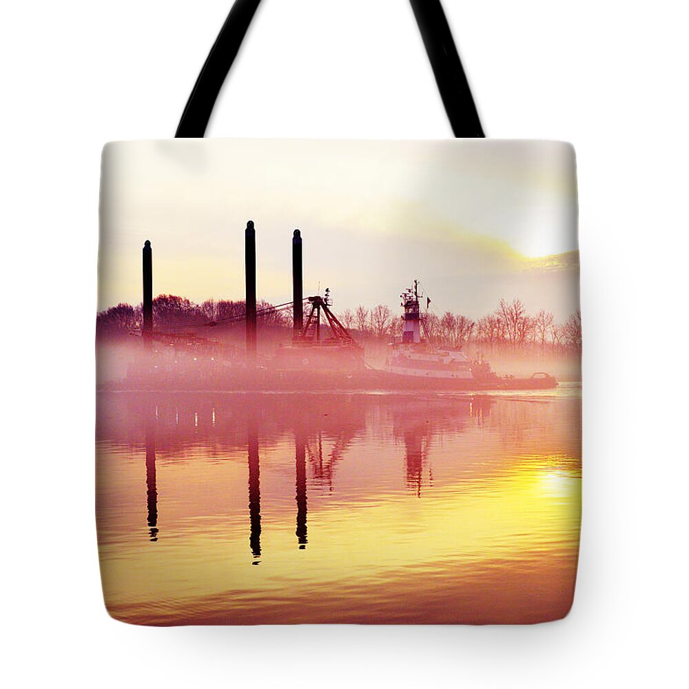 Foggy Tote Bag featuring the photograph Mirrors - Delaware River Series by Robyn King