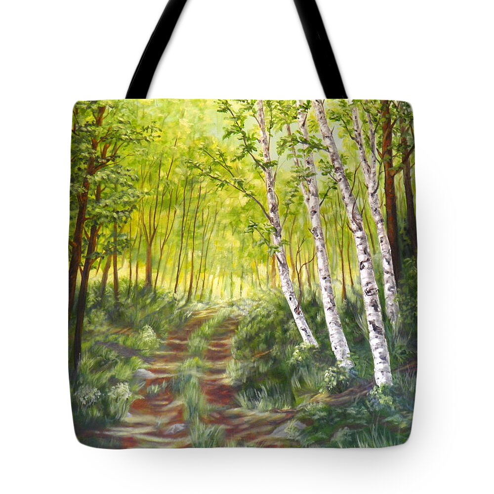 Light Trees Branches Leaves Sunlight Shadows Grasses Bushes Rocks Cottonwoods Alder Road Path Horizon Landscape Nature Dark Green Brown Yellow White Orange Blue Grey Tote Bag featuring the painting Missing You by Ida Eriksen