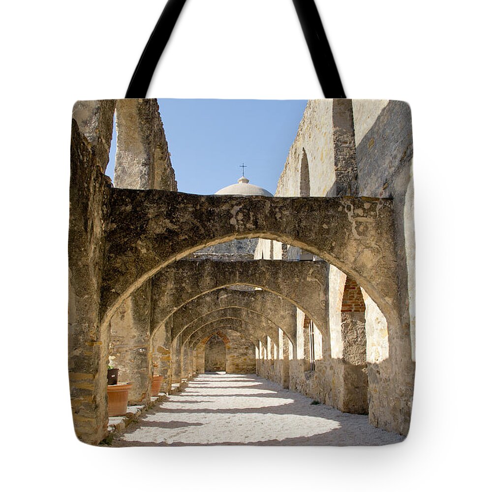 Arched Path Tote Bag featuring the photograph Mission San Jose y San Miguel de Aguayo. Path. by Elena Perelman