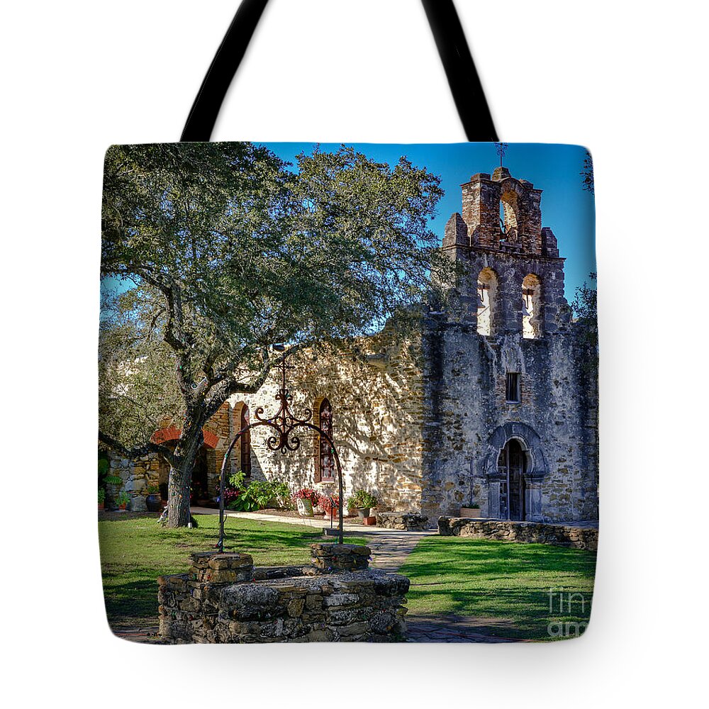 Mission Tote Bag featuring the pyrography Mission Espada by David Meznarich