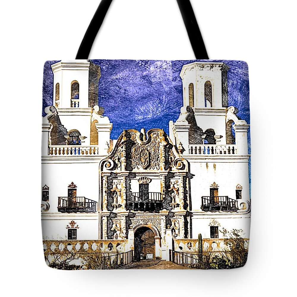 San Xavier Del Bac Tote Bag featuring the digital art Mission San Xavier del Bac by Tatiana Travelways