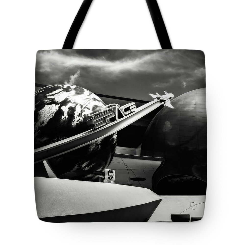 Disney World Tote Bag featuring the photograph Mission Space black and white by Eduard Moldoveanu