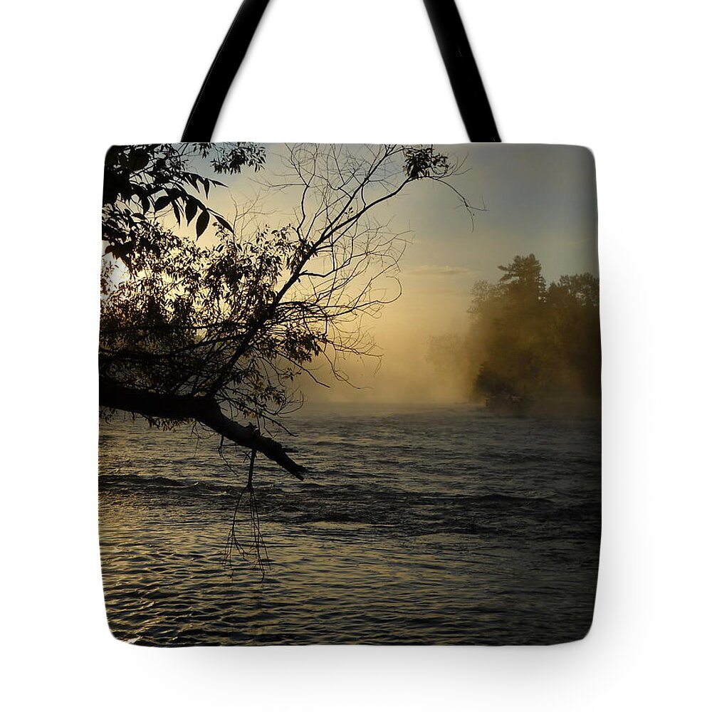 Mississippi River Tote Bag featuring the photograph Mississippi river Foggy June Sunrise by Kent Lorentzen