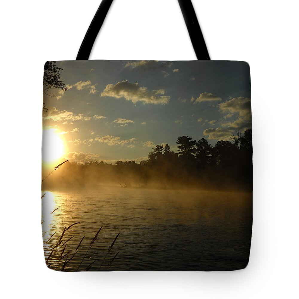 Mississippi River Tote Bag featuring the photograph Mississippi River Sunrise Fog by Kent Lorentzen