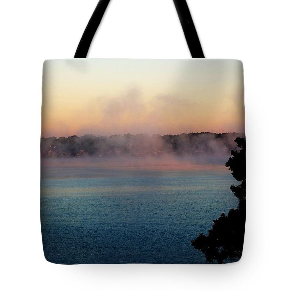 Lake Tote Bag featuring the photograph Mist over Lake Conroe Texas by David Lane