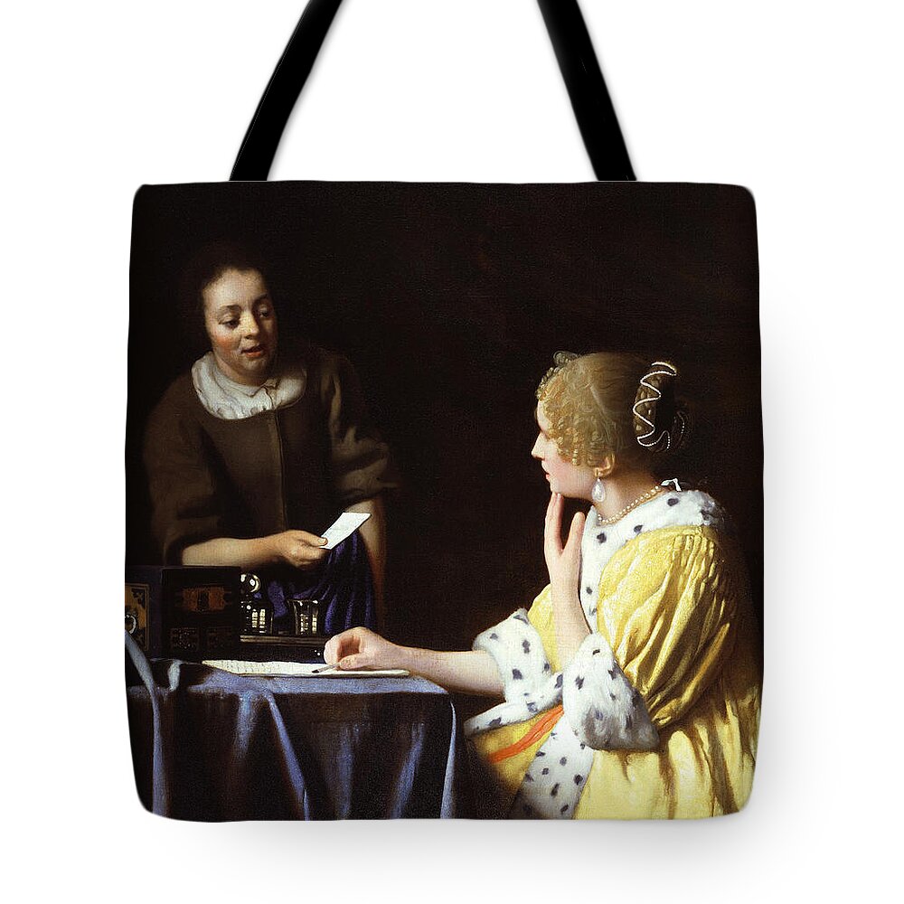 Jan Vermeer Tote Bag featuring the painting Mistress and Maid by Jan Vermeer