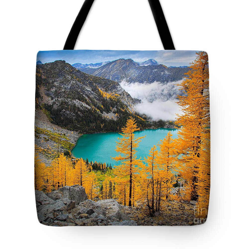 Alpine Lakes Wilderness Tote Bag featuring the photograph Misty Colchuck Lake by Inge Johnsson