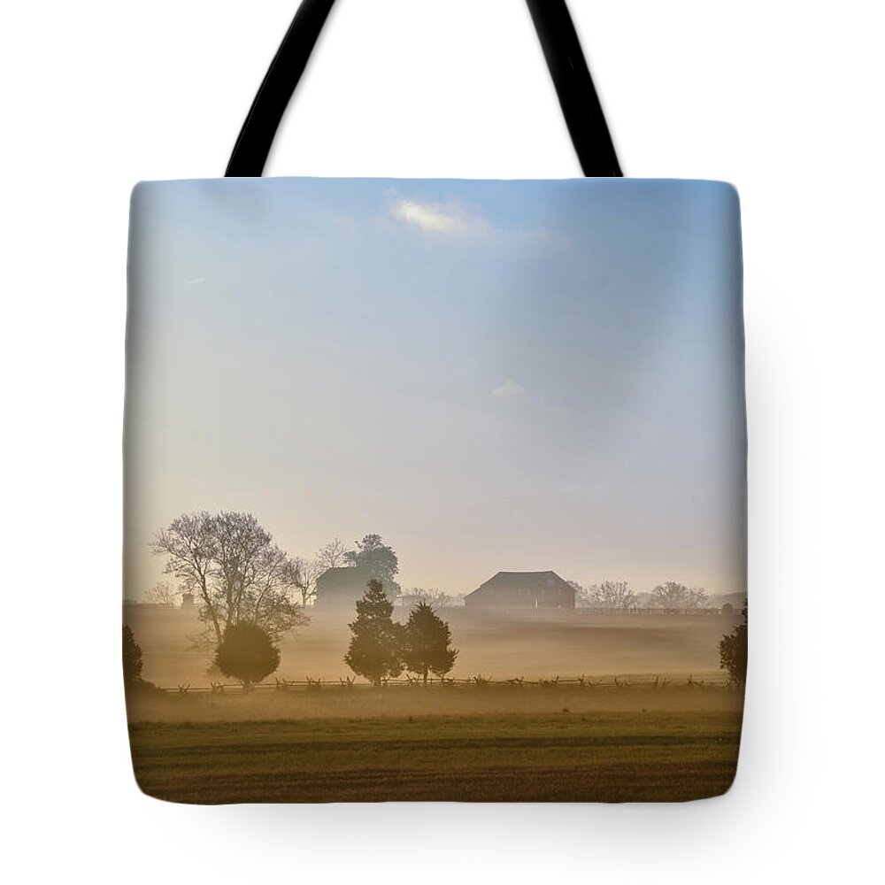 Misty Tote Bag featuring the photograph Misty Dawn at Gettysburg by Bill Cannon