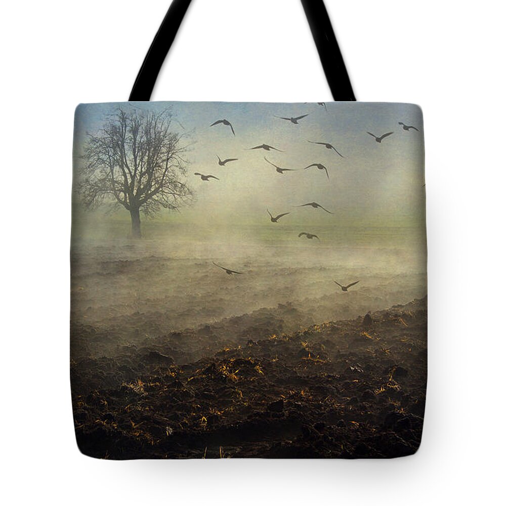 Winter Tote Bag featuring the photograph Misty Meadows by Kira Bodensted