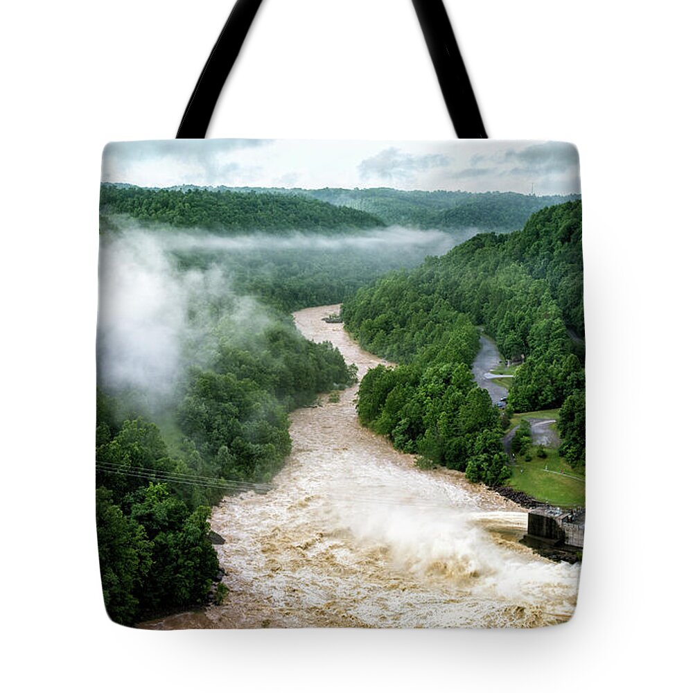 Summersville Tote Bag featuring the photograph Misty Morning At Summersville Lake Dam by Mark Allen