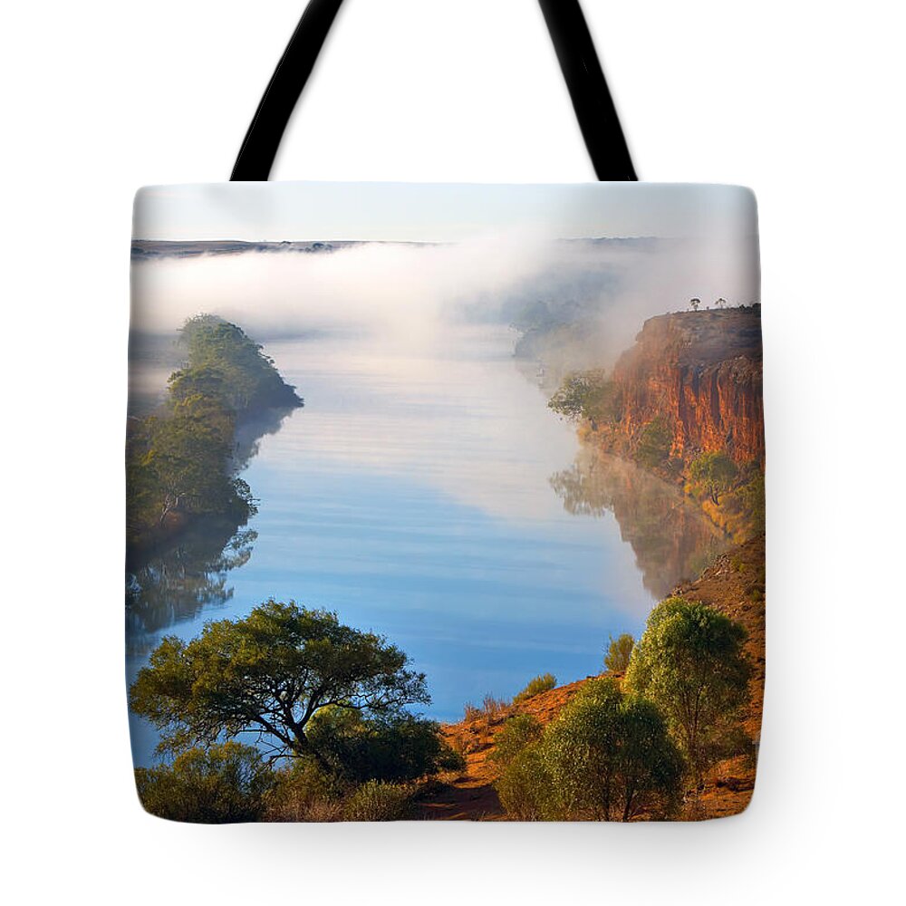 Misty Morning Murray River Maynards Lookout Walker Flat Riverland South Australia Tote Bag featuring the photograph Misty Morning by Bill Robinson