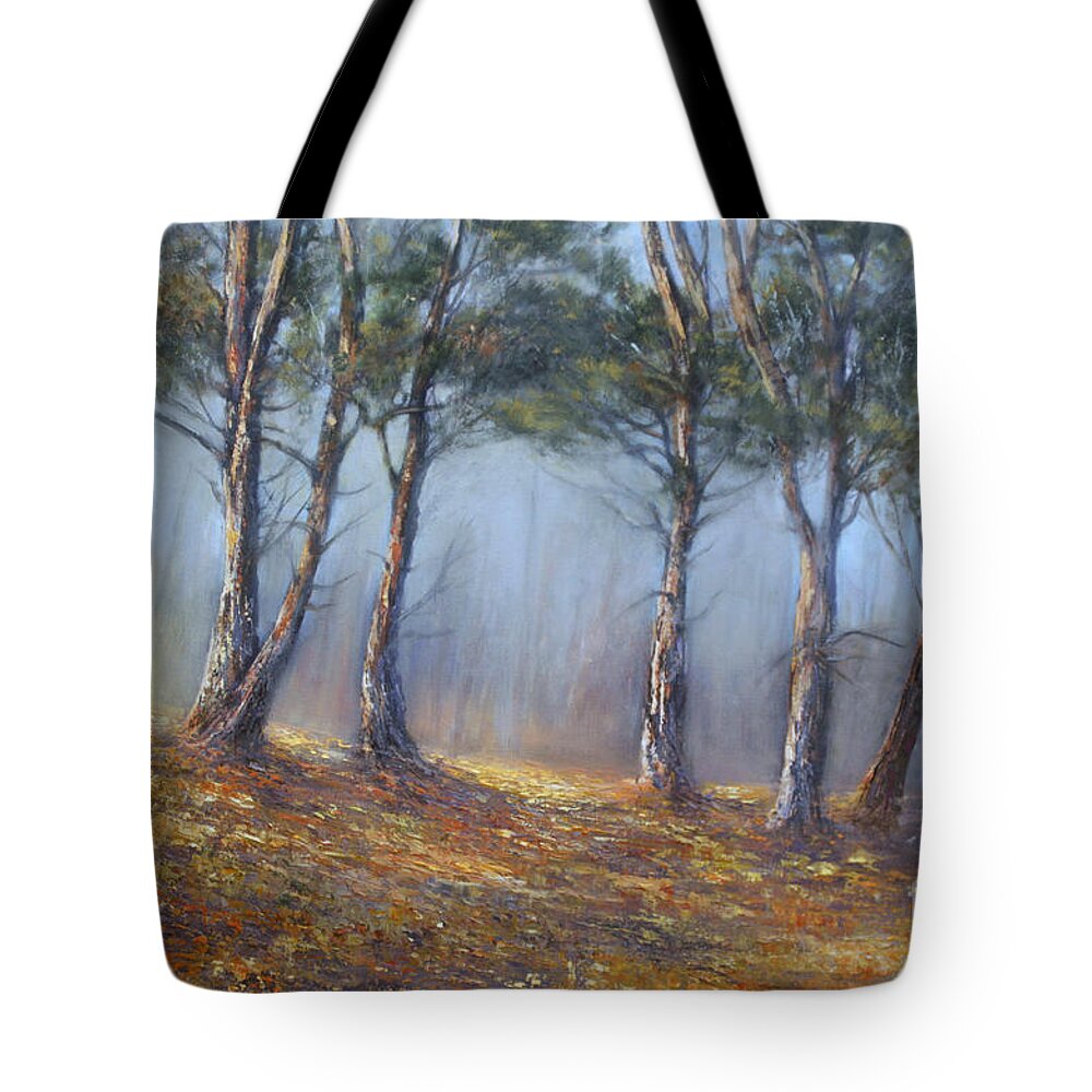 Pine Forest Tote Bag featuring the painting Misty Pines by Valerie Travers