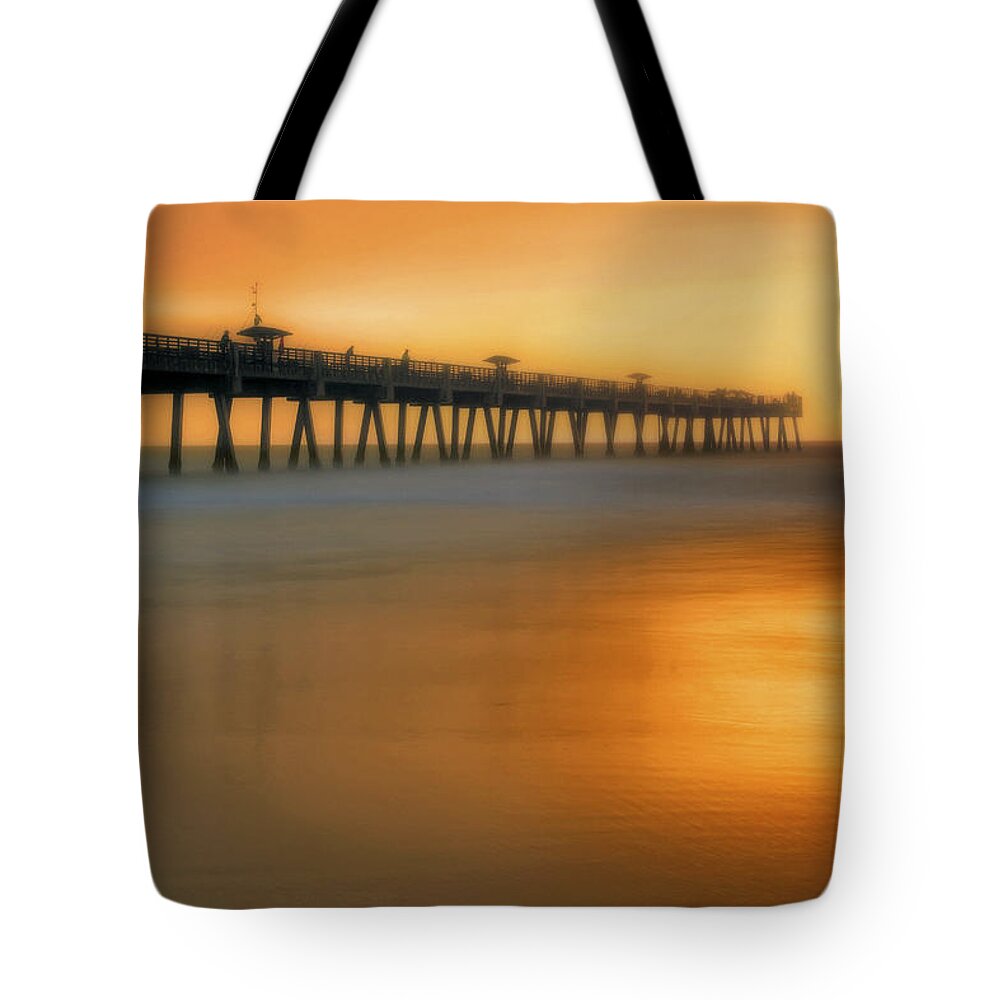 Florida Tote Bag featuring the photograph Misty Seas at Jacksonville Beach Pier - Florida - Landscape - Seascape by Jason Politte