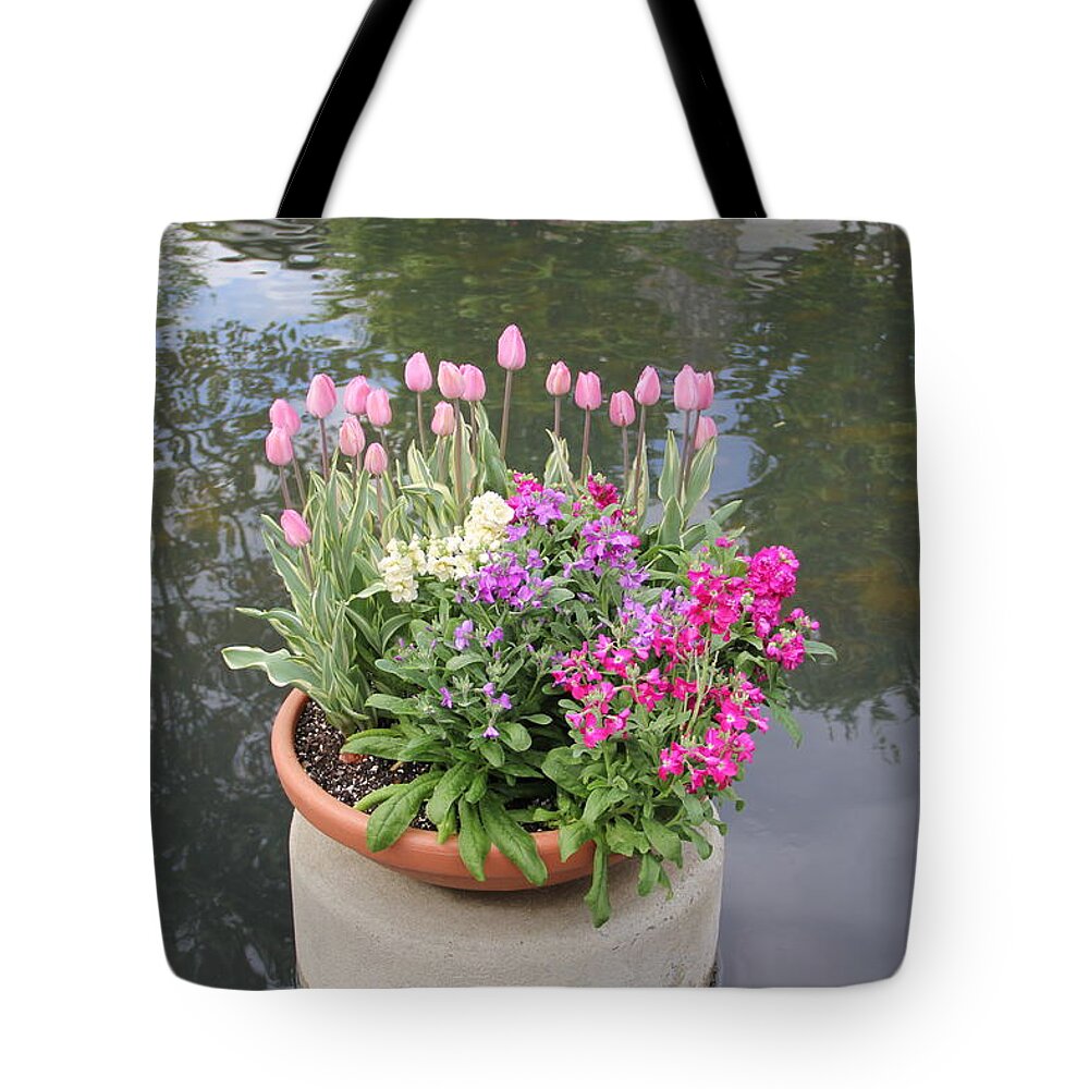 Flowers Tote Bag featuring the photograph Mixed Flower Planter by Allen Nice-Webb