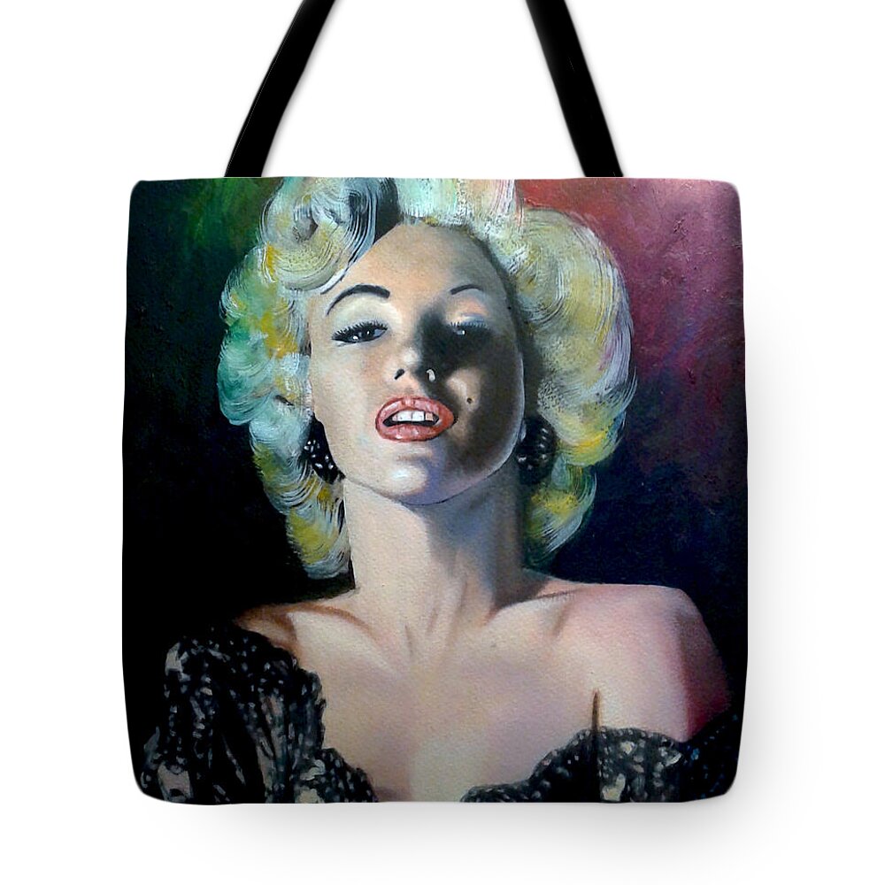 M Monroe Tote Bag featuring the painting M.Monroe 3 by Jose Manuel Abraham