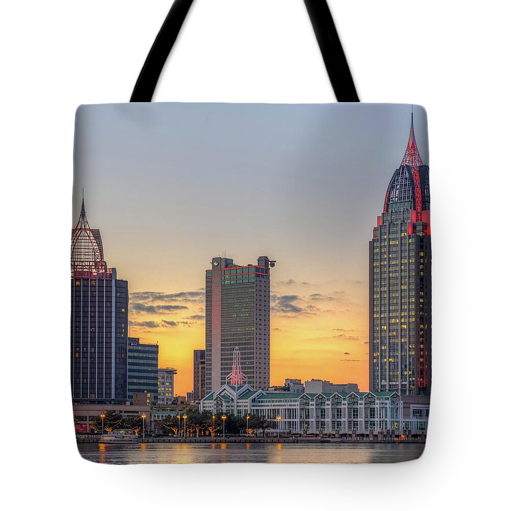 City Tote Bag featuring the photograph Mobile Skyline at Sunset by Brad Boland