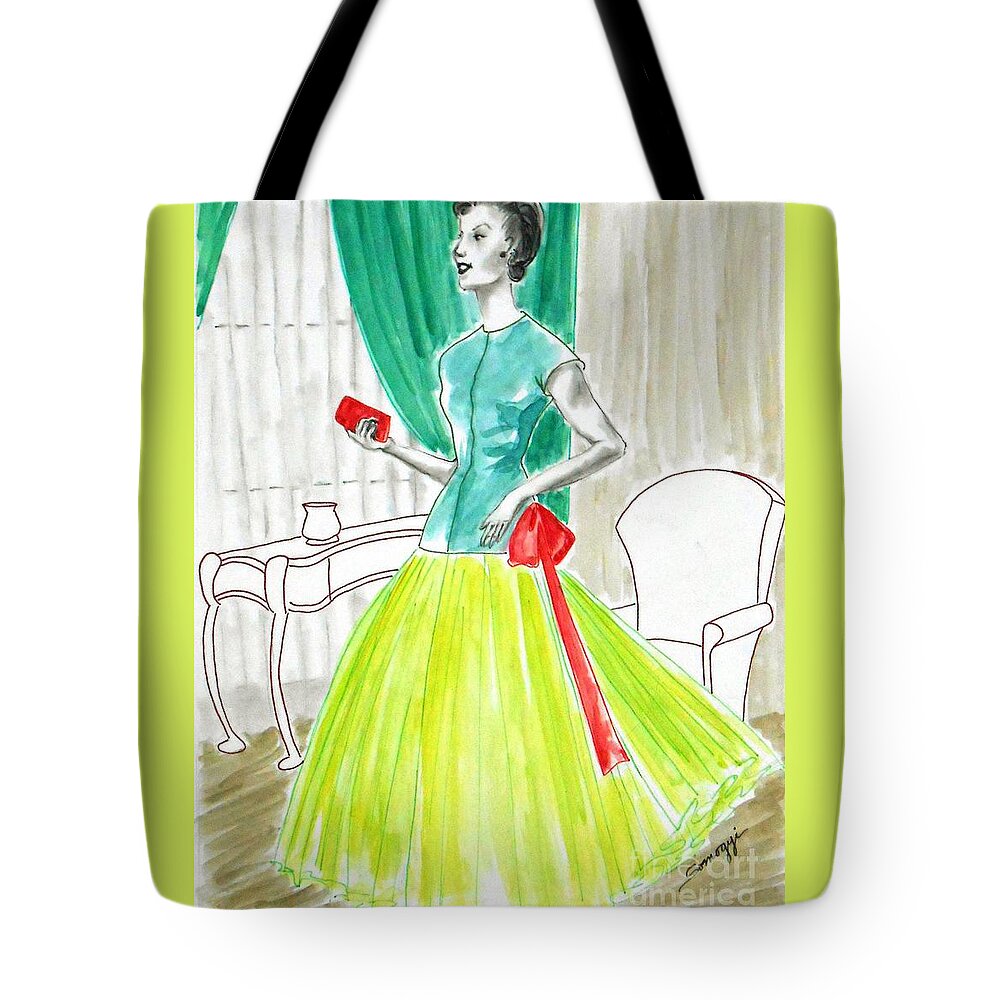 Model Tote Bag featuring the painting Model-Year 1955 -- Illustration of 1950's Fashion by Jayne Somogy