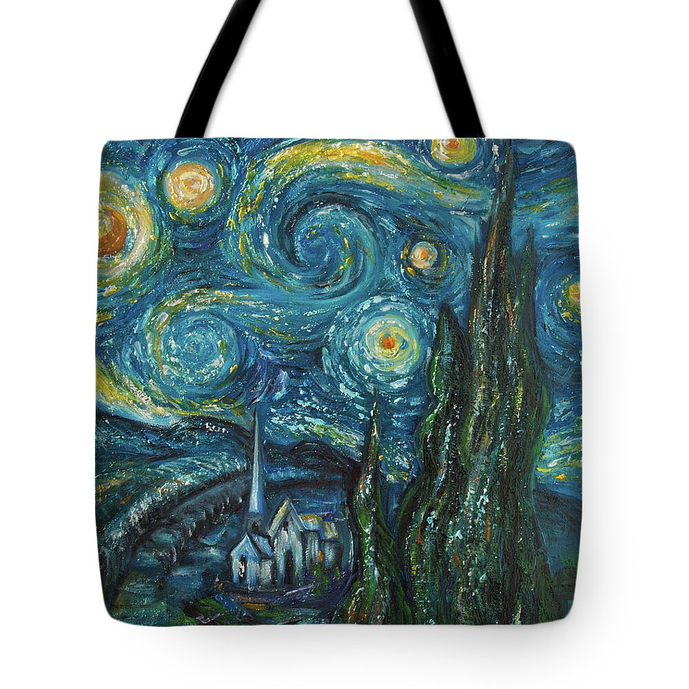 Lenaowens Tote Bag featuring the digital art Modern interpretation of Vincent Van Gogh's scene of The Starry Night. by OLena Art by Lena Owens - Vibrant DESIGN