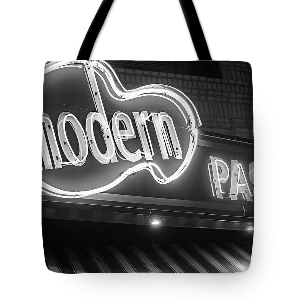 Modern Tote Bag featuring the photograph Modern Pastry Shop Boston MA North End Hanover Street Neon Sign Black and White by Toby McGuire