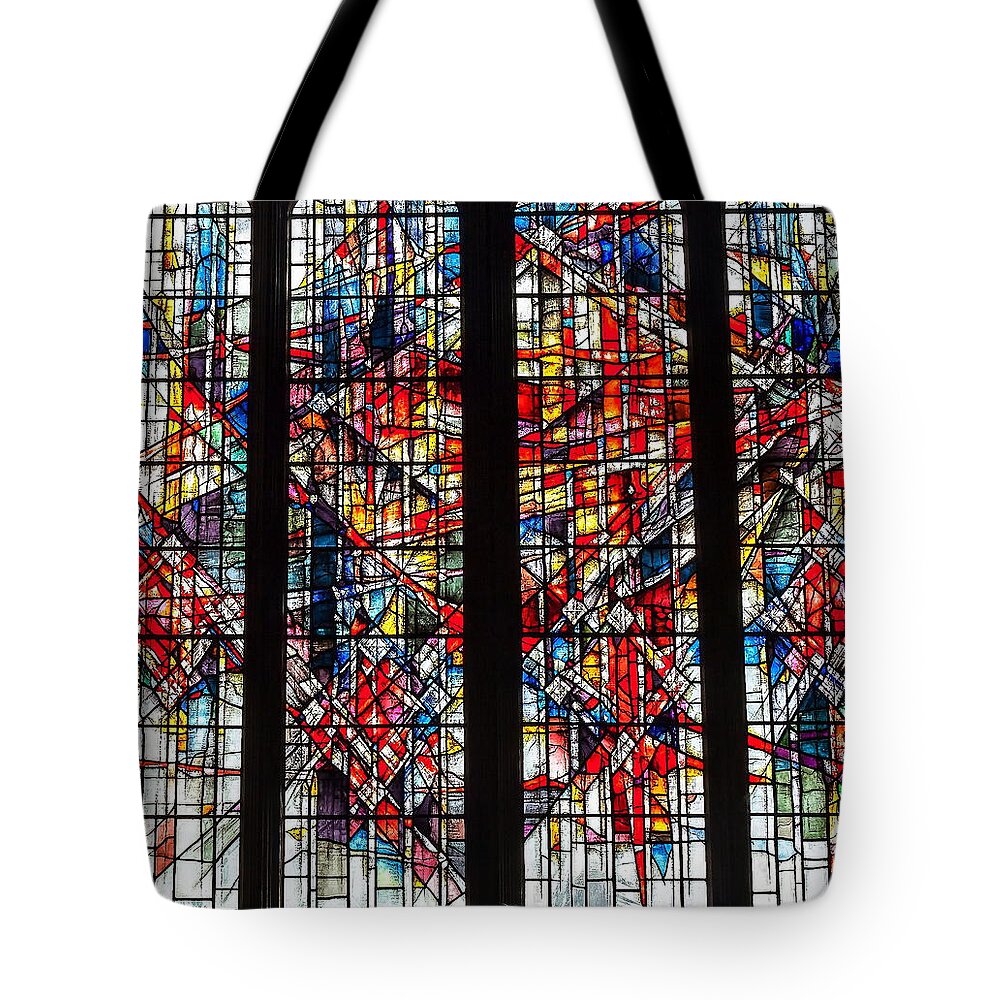 Stained Glass Modern City Chester Cathedral Westminster Church Coloured Designed Art Conceptual Creative North West England Tote Bag featuring the photograph Modern Stained Glass by Jeff Townsend