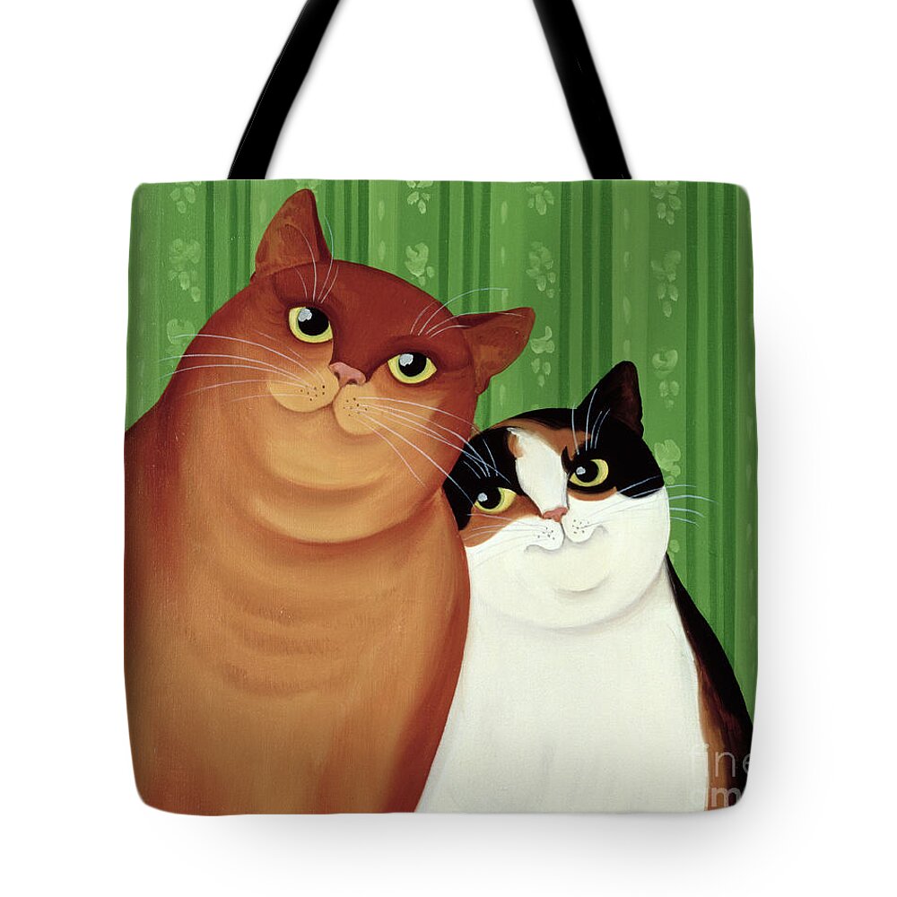 Cat; Cats; Couple; Pet; Pets Naive; Animals; Smiling; Happy; Moggies Tote Bag featuring the painting Moggies by Magdolna Ban