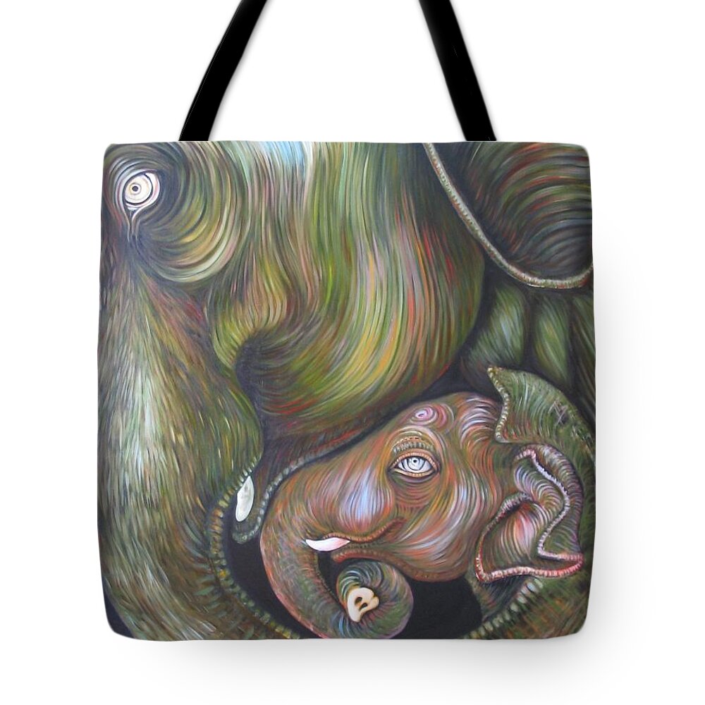 Elephant Tote Bag featuring the painting Mom and Kid by Sukalya Chearanantana